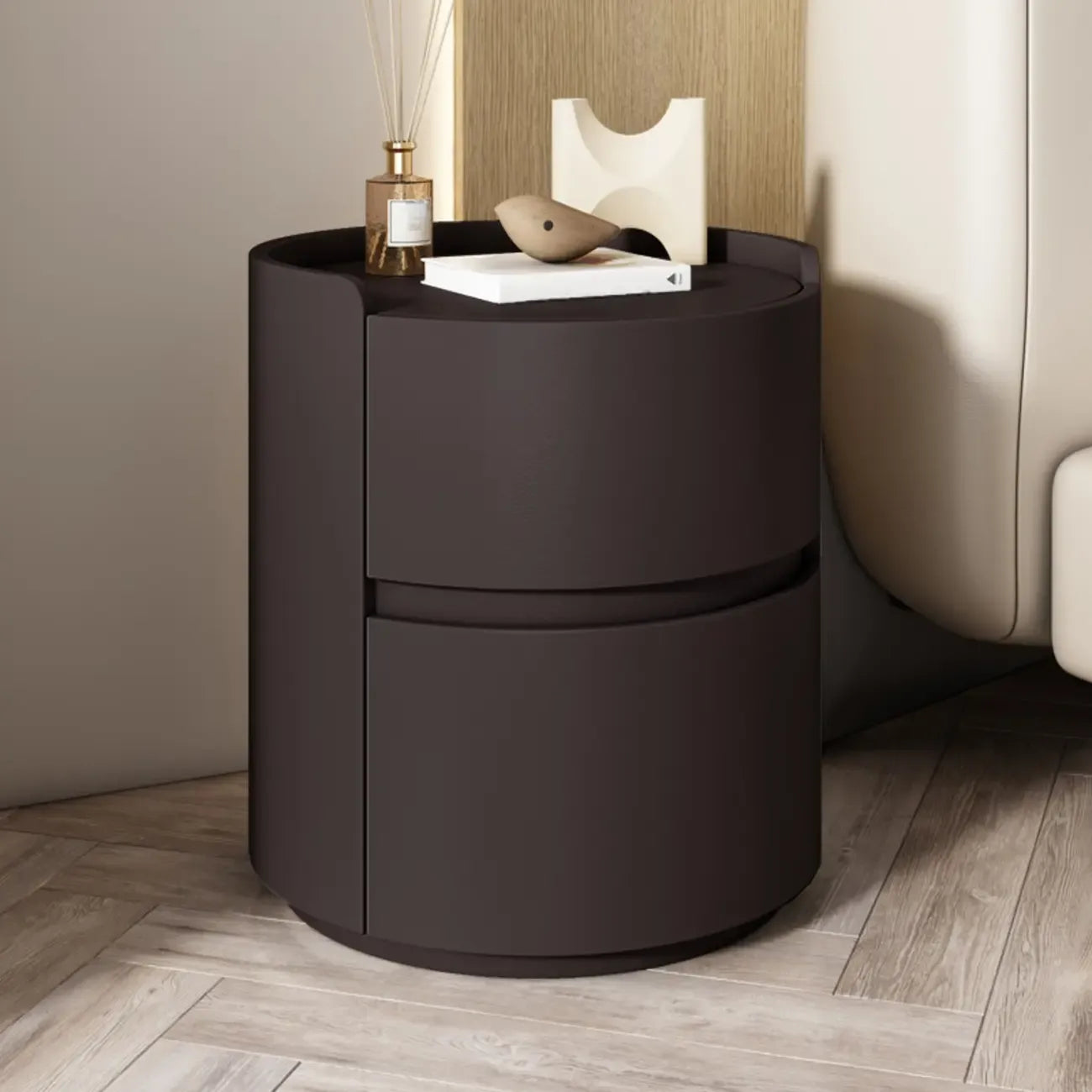 Comodino rotondo a 2 cassetti in pelle moderna