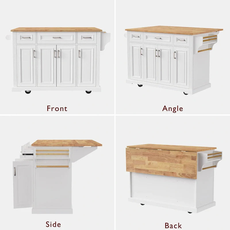 Grande isola da cucina con ribalta in legno, carrello da cucina arrotolabile con texture in rilievo, ante e cassetti con contenitore per cucina, bianco