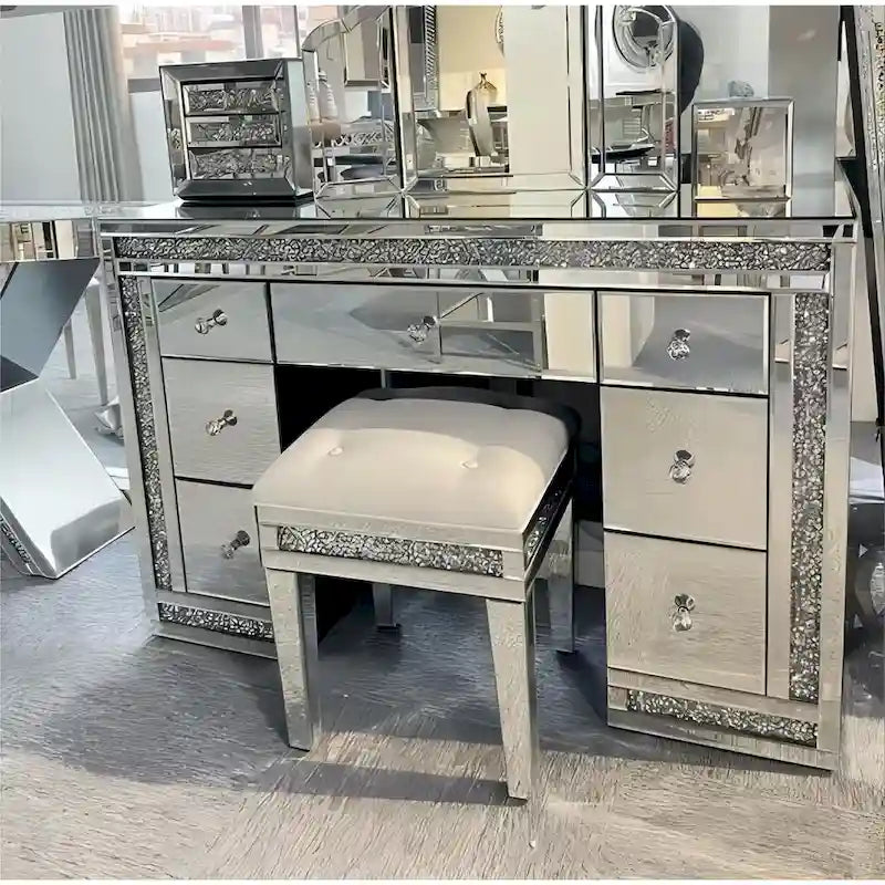 Tavolo da Trucco con Specchio a 7 Cassetti con Diamanti Scintillanti