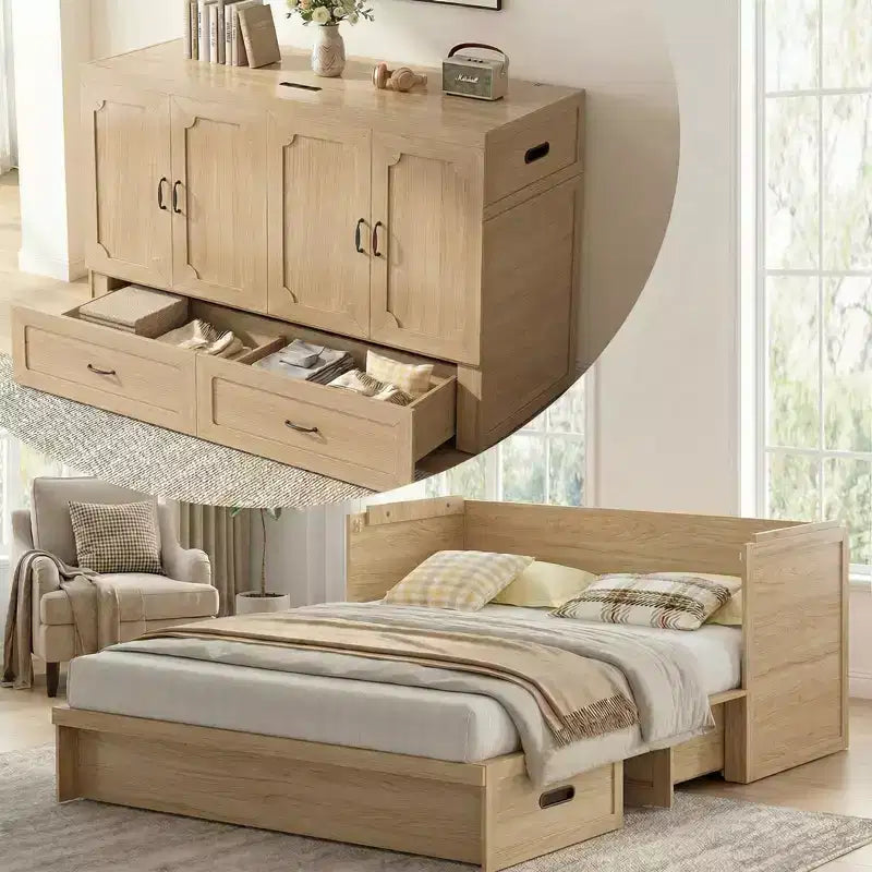 Mjkone Letto a Scomparsa Convertibile Matrimoniale Queen Size con Ricarica USB, Cassetti Contenitori, Materasso Escluso