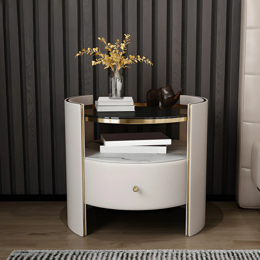 Comodino di Lusso con Piano in Vetro, Cassetto Contenitore e Vano Aperto
