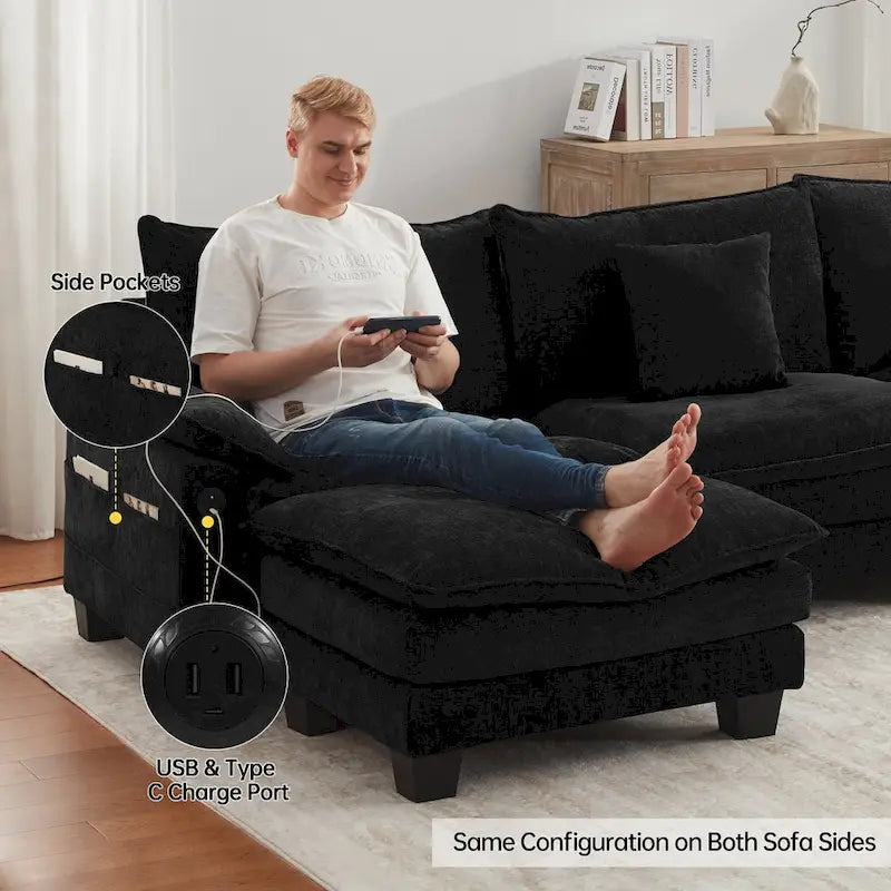 Divano Sezionale Modulare, Comodo Divano Sezionale Cloud con Pouf, Divano Letto a Seduta Profonda per Soggiorno