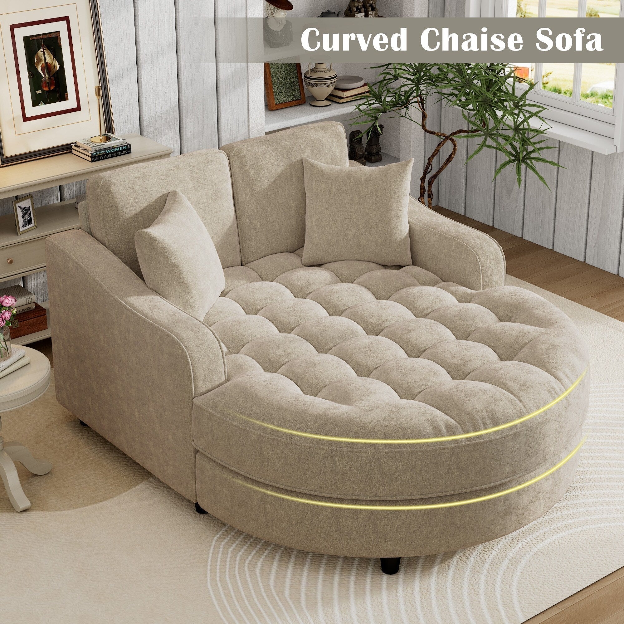 Divano Letto Chaise Longue in ciniglia, Divano Imbottito con Schienale Trapuntato e 2 Cuscini Rimovibili per Soggiorno
