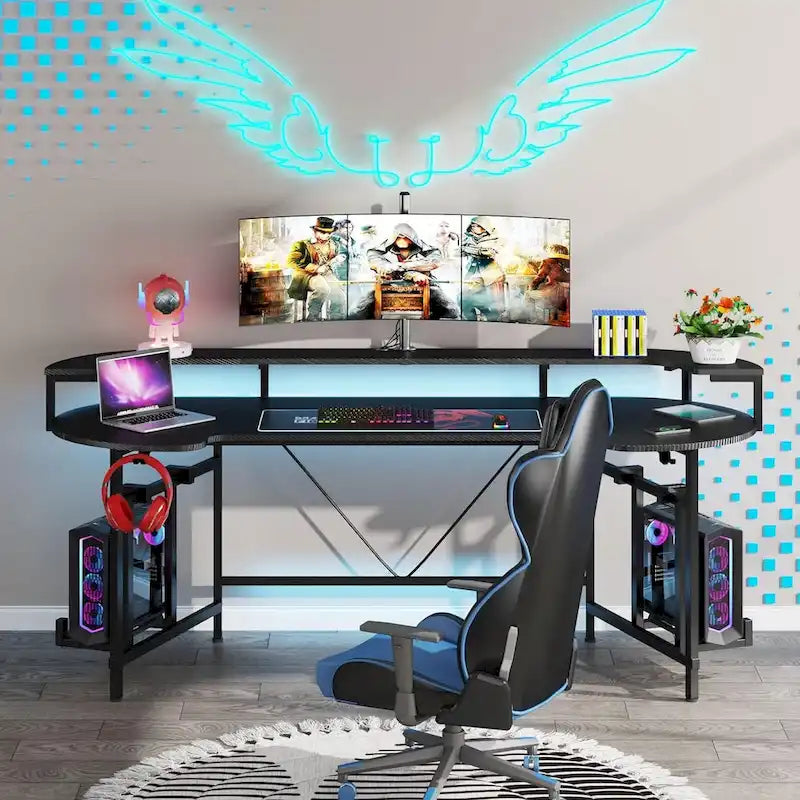 Scrivania da Gaming con Ripiano Monitor, Scrivania per PC Computer da 75 Pollici con Striscia LED