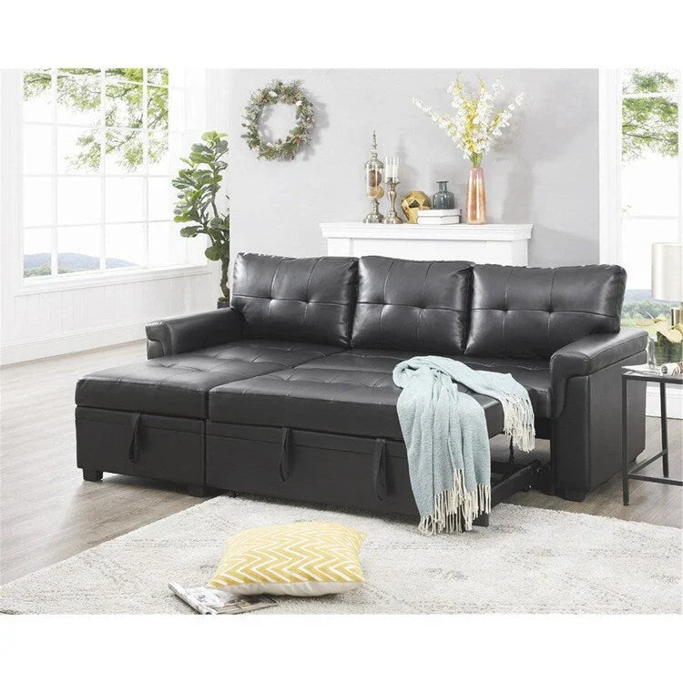 Divano componibile convertibile reversibile con letto estraibile, chaise longue con contenitore nascosto e gambe durevoli