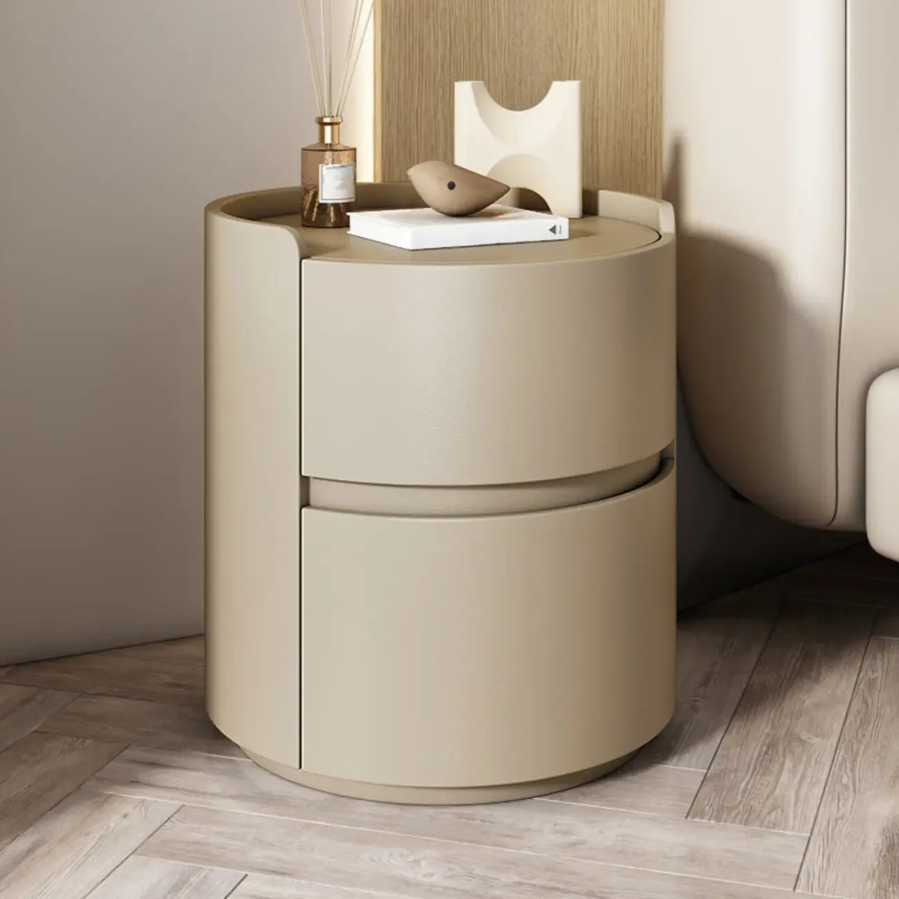 Comodino rotondo a 2 cassetti in pelle moderna