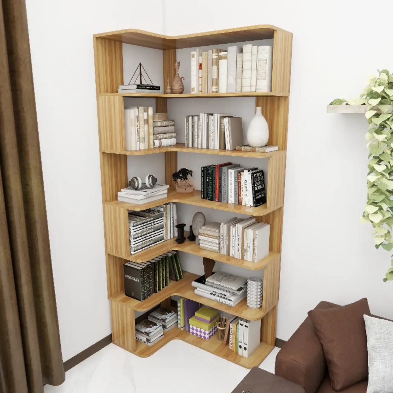 Libreria ad angolo in legno multistrato con 6 ripiani