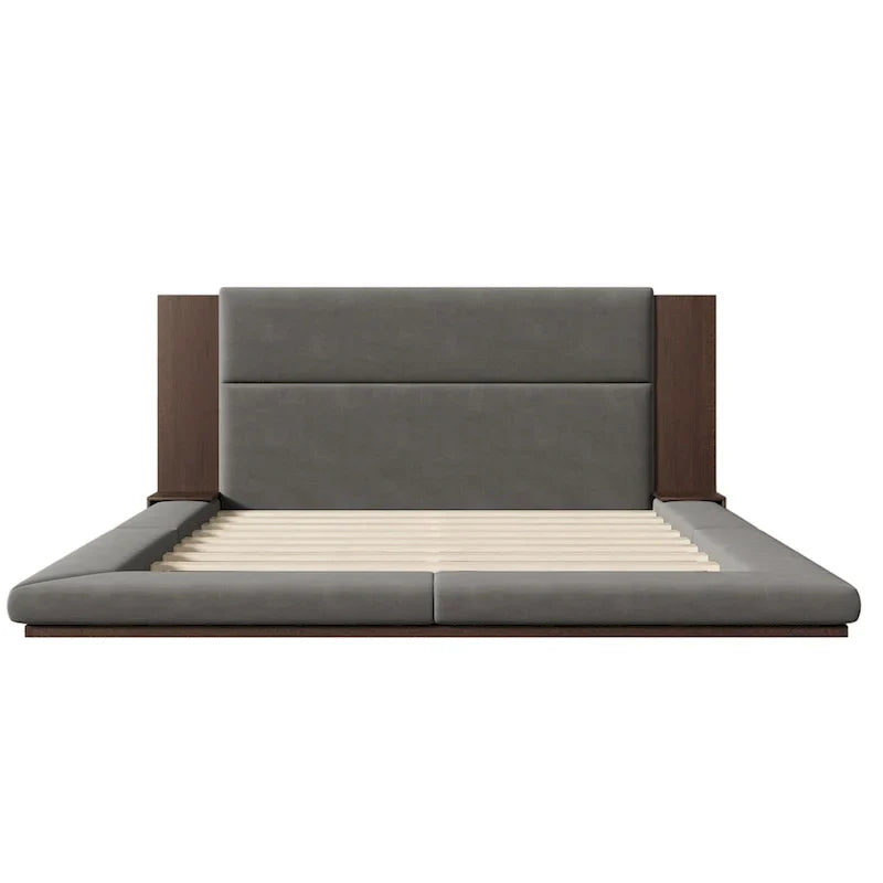 Letto imbottito King Gray Floor a basso profilo con testiera estesa in legno, mensole comodino integrate