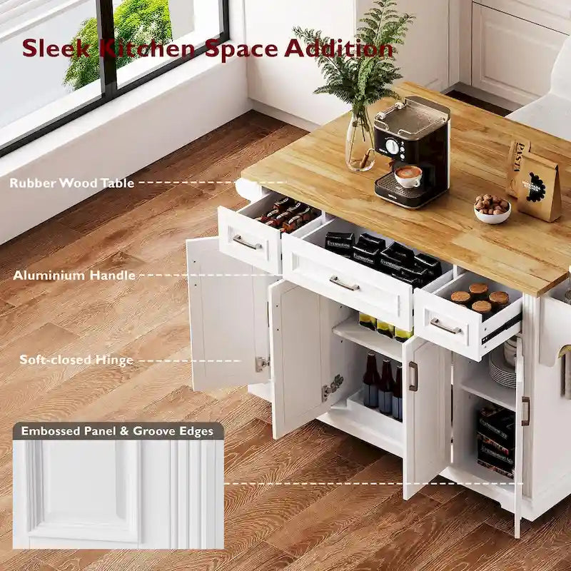 Grande isola da cucina con ribalta in legno, carrello da cucina arrotolabile con texture in rilievo, ante e cassetti con contenitore per cucina, bianco