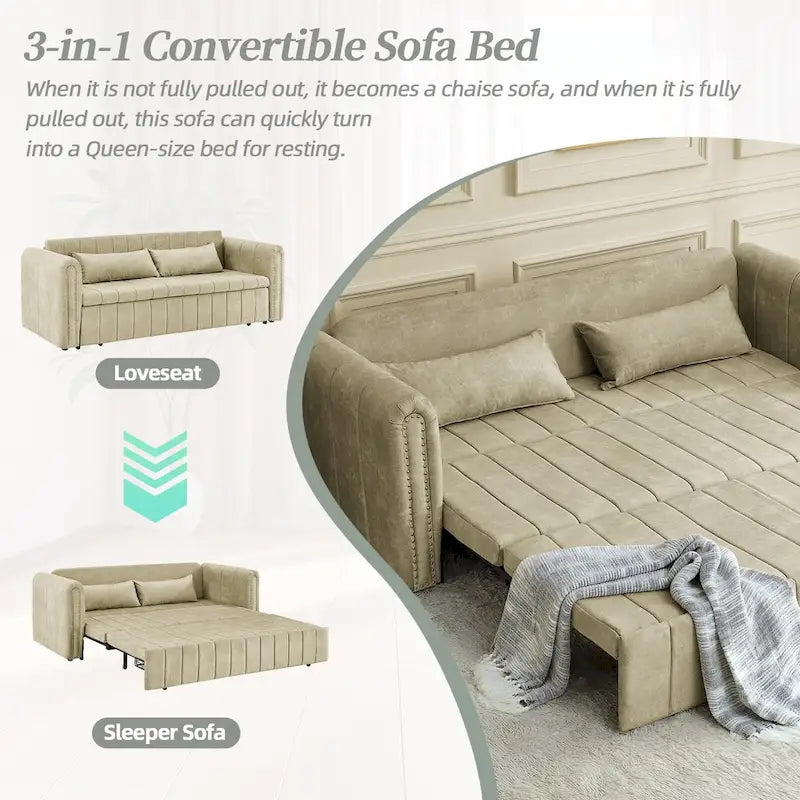 Divano letto moderno convertibile imbottito in velluto con braccioli arrotolati decorati con borchie in rame