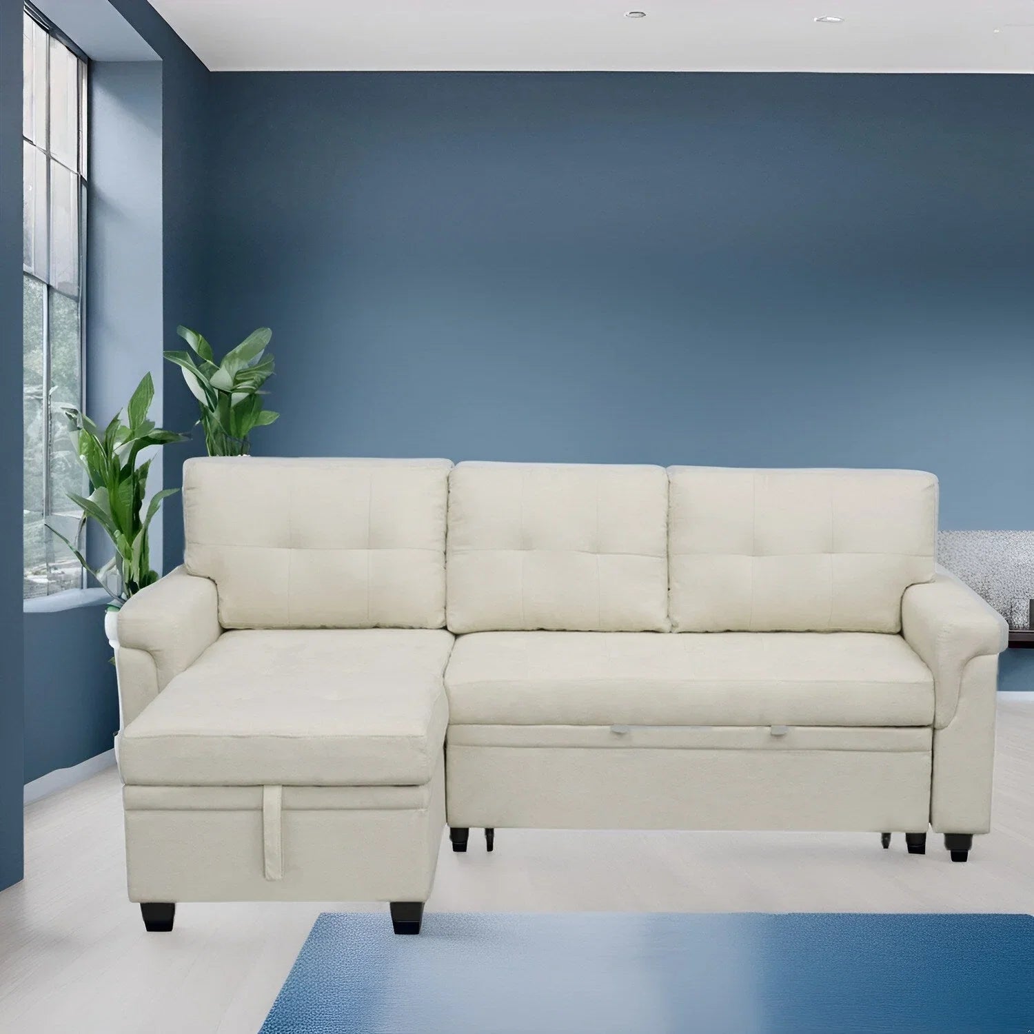 Divano sezionale reversibile con letto estraibile, chaise longue con contenitore nascosto, gambe durevoli,
