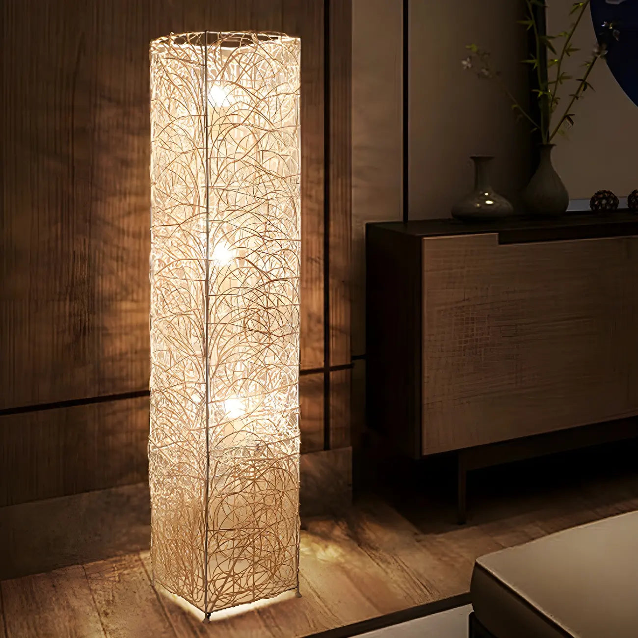 Lampada da terra in rattan LED a colonna con spina per soggiorno