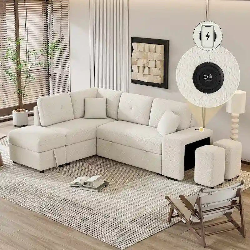 Divano componibile con letto estraibile e pouf contenitore, divano letto convertibile per soggiorno