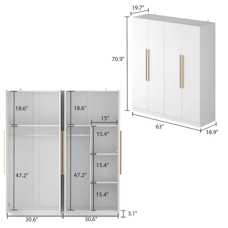 Armadio moderno freestanding in legno massiccio con ripiani