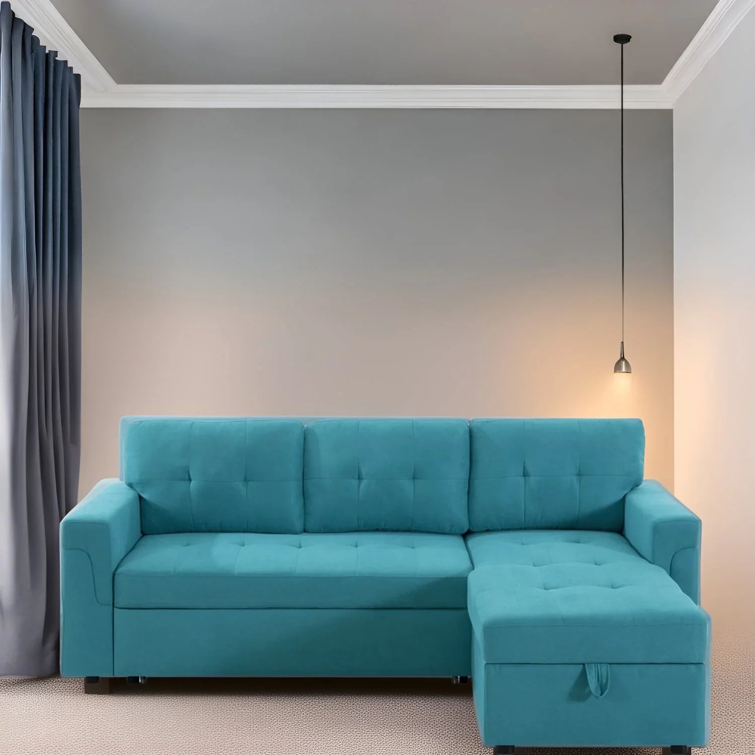 Divano componibile convertibile reversibile con letto estraibile, chaise longue con contenitore nascosto e gambe durevoli