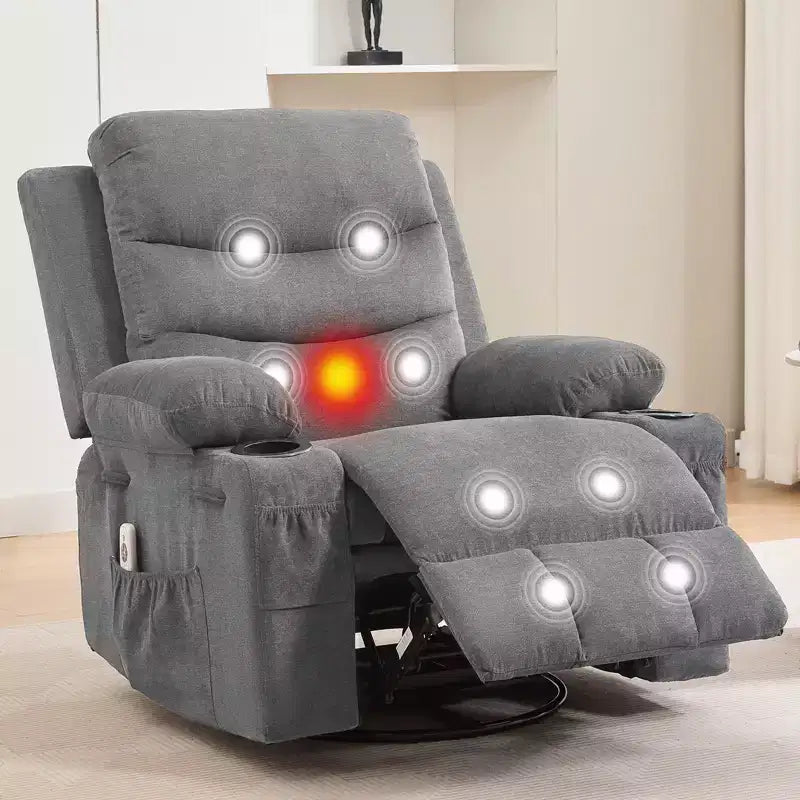 Poltrona Reclinabile Girevole a Dondolo con Massaggio e Riscaldamento, Girevole a 360° con Portabicchieri e Tasche Laterali, Divano Ergonomico per Soggiorno, Camper, Cameretta
