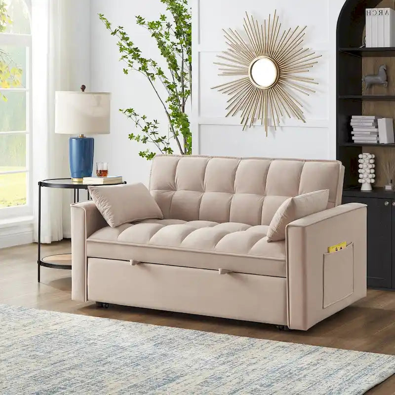 Canapé-lit convertible 4-en-1 – Causeuse en velours – Lit d'appoint avec dossier inclinable, 2 poches latérales