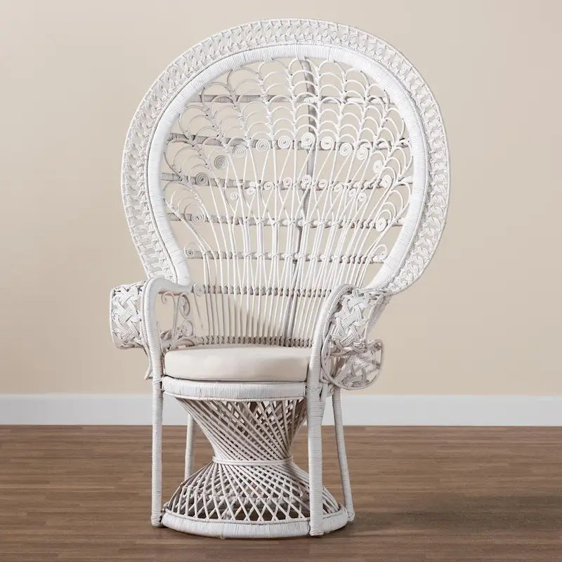 Poltrona a Pavone Moderna Bohemien in Rattan Naturale Bianco