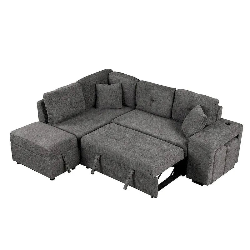 Divano componibile con letto estraibile e pouf contenitore, divano letto convertibile per soggiorno