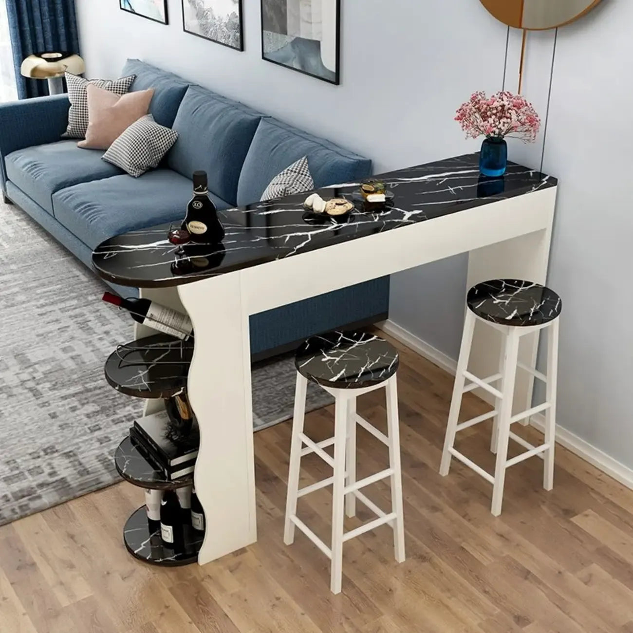 Tavoli da bar moderni con scaffali asimmetrici in legno bianco e nero