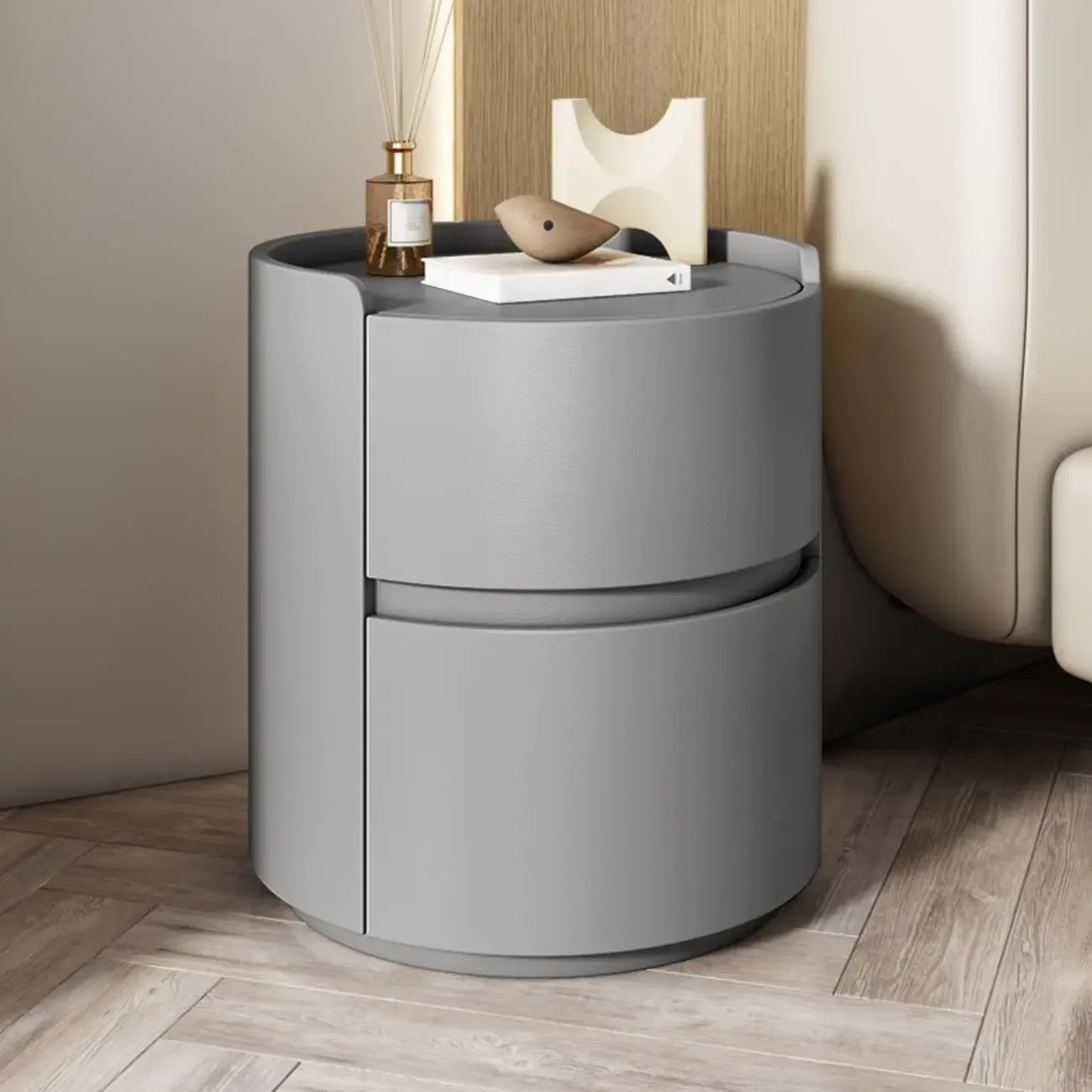 Comodino rotondo a 2 cassetti in pelle moderna