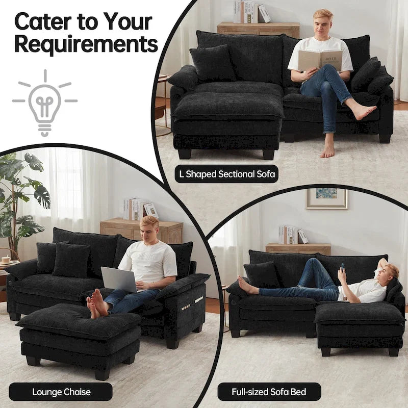 Divano Sezionale Modulare, Comodo Divano Sezionale Cloud con Pouf, Divano Letto a Seduta Profonda per Soggiorno