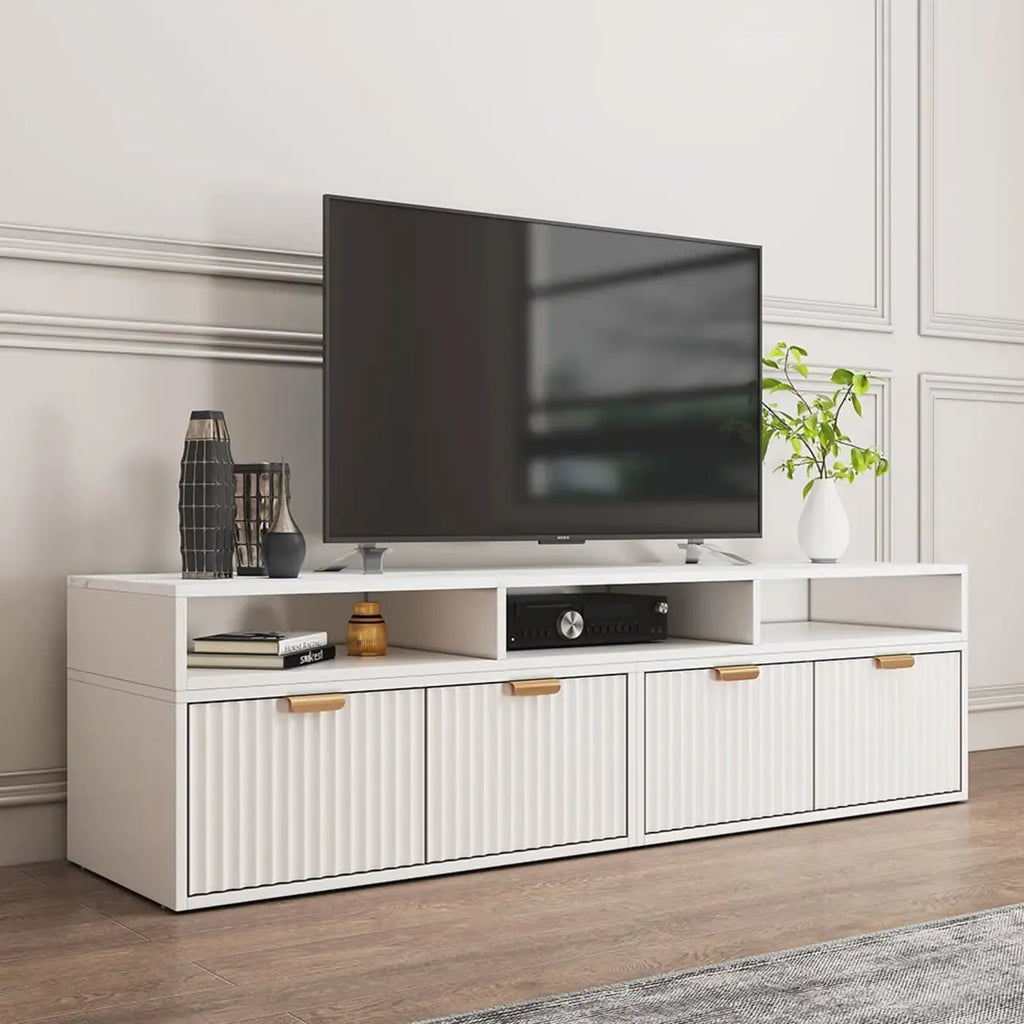Mobile TV angolare con 2 cassetti e vani a giorno, bianco moderno