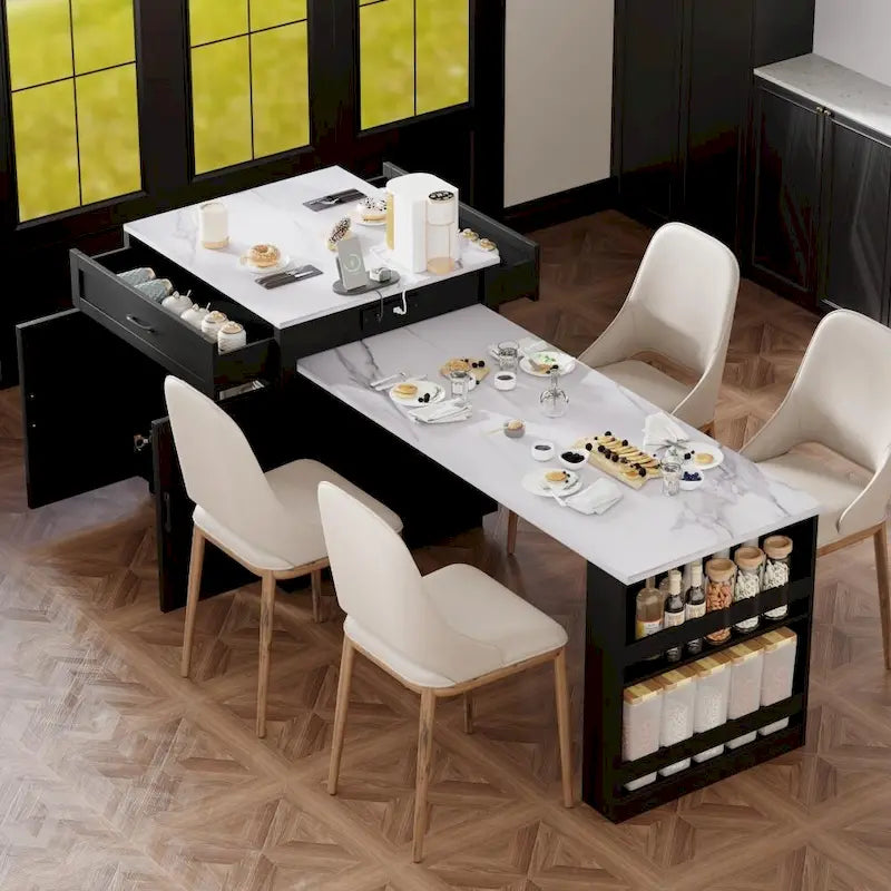 Îlot de cuisine en bois de 210 cm pour 4 à 6 personnes avec table à manger extensible et rangement double.