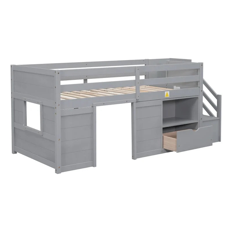 LETTO SINGOLO, LETTO A CASTELLO BASSO SINGOLO IN LEGNO MASSELLO CON SCALA, CASSETTO E SCAFFALE DI COLORE GRIGIO