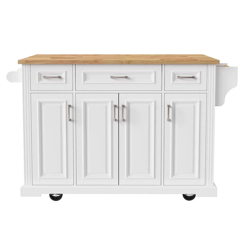 Grande isola da cucina con ribalta in legno, carrello da cucina arrotolabile con texture in rilievo, ante e cassetti con contenitore per cucina, bianco