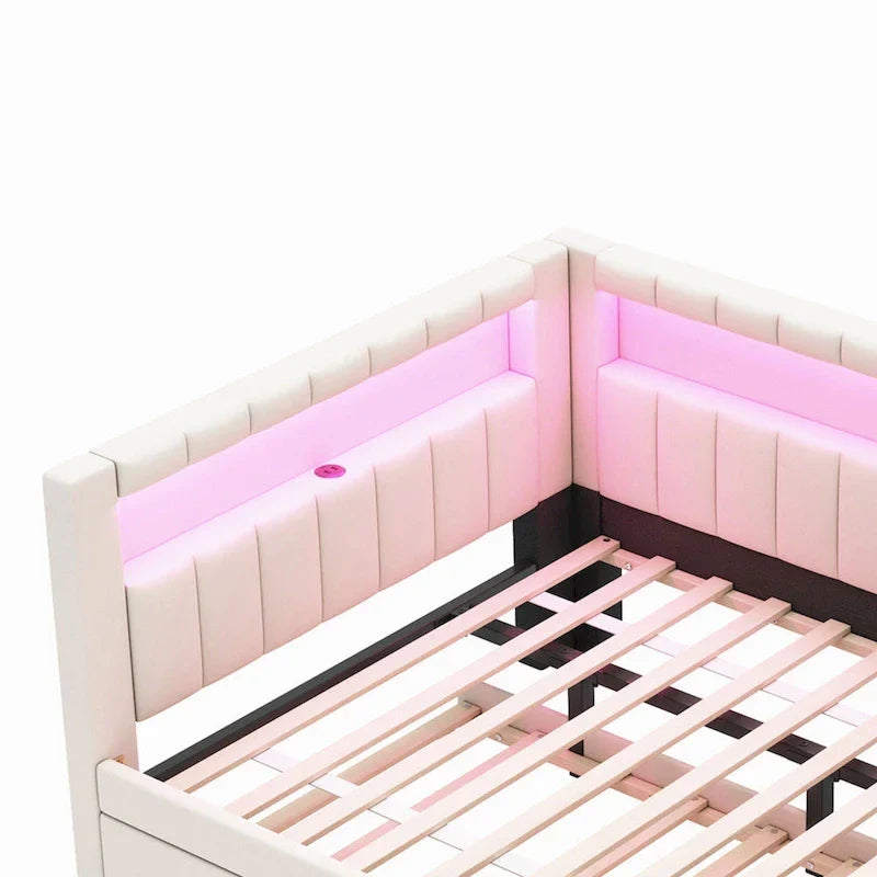 Letto imbottito a piattaforma con porte USB e illuminazione a LED - Struttura letto matrimoniale/singola con 2 cassetti portaoggetti - Camera da letto moderna