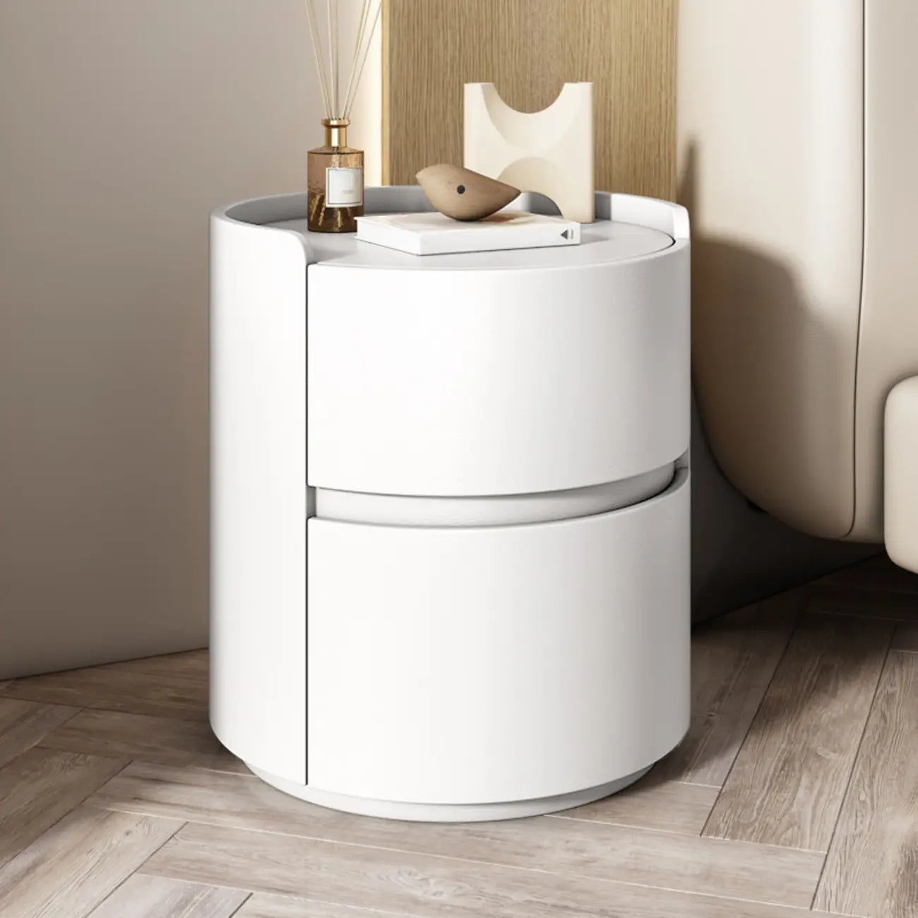 Comodino rotondo a 2 cassetti in pelle moderna