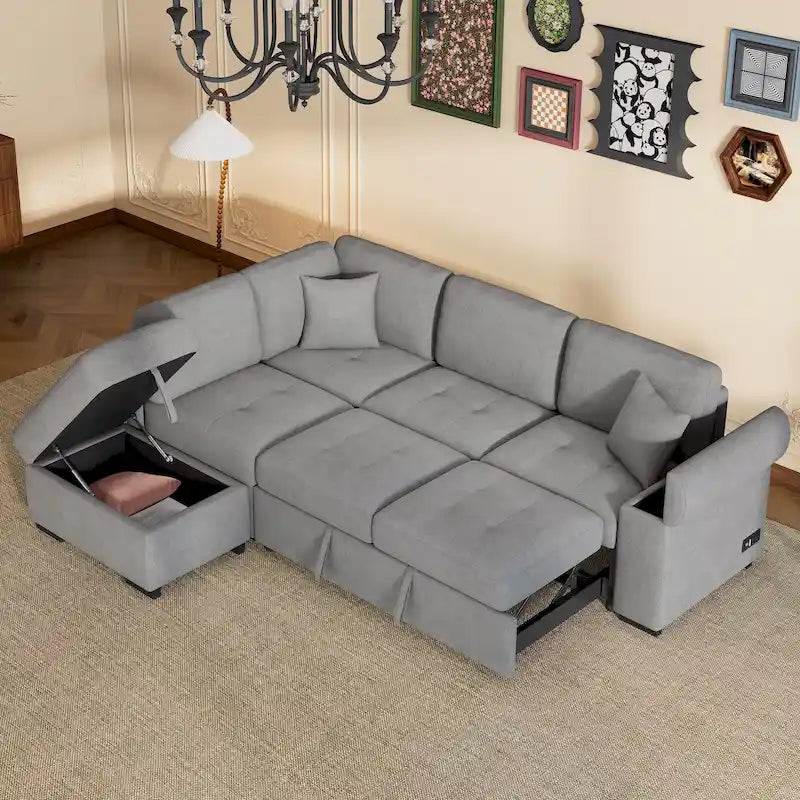 Divano sezionale a L a 5 posti con funzione letto, con pouf contenitore, vano contenitore nel bracciolo e ricarica USB per soggiorno, 84,75 pollici