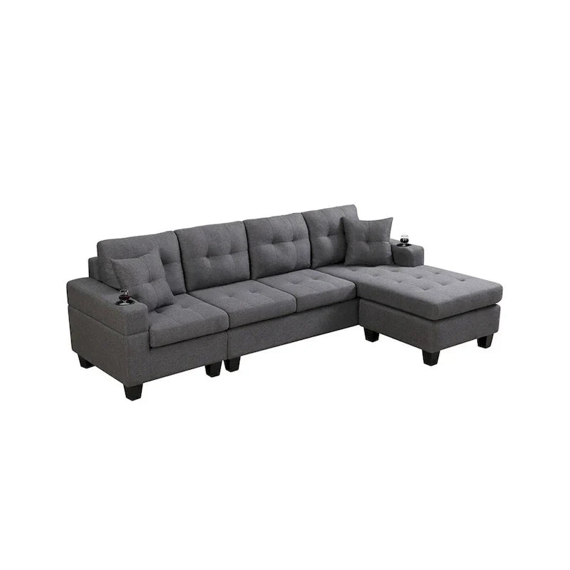 Divano componibile da soggiorno con chaise longue a L e portabicchieri