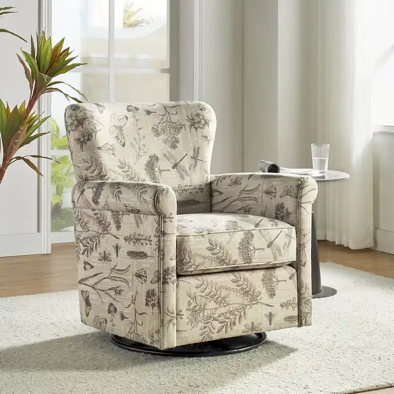 Poltrona girevole a dondolo Georg Comfortable Floral Fabric con braccioli arrotolati di HULALA HOME