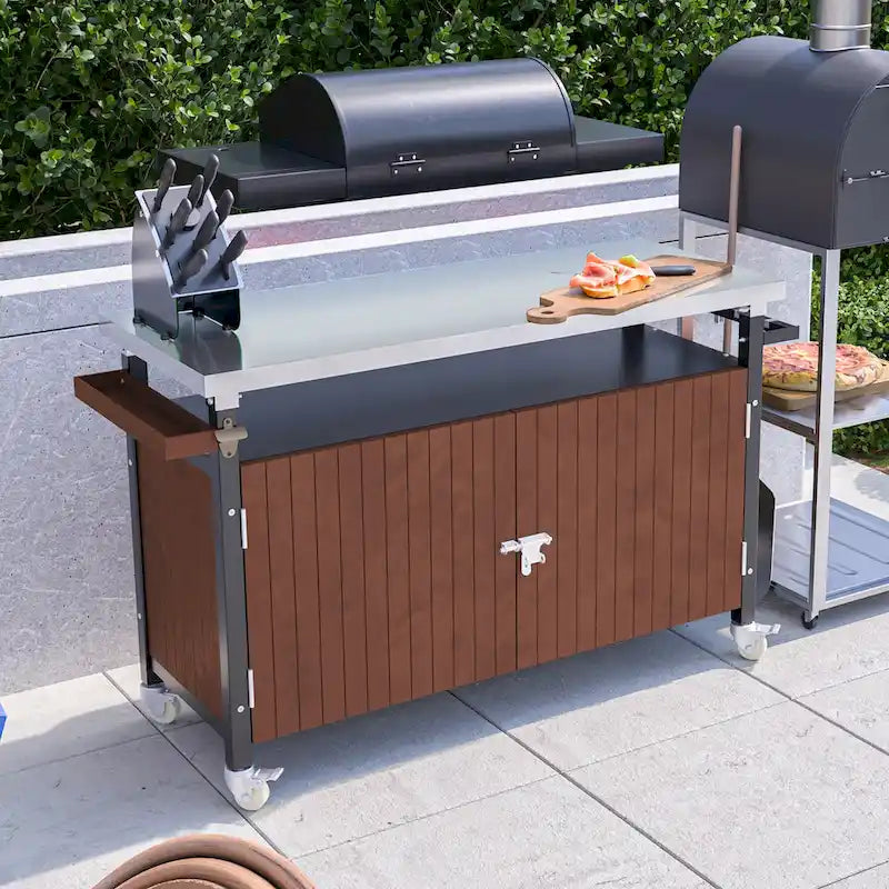 Carrello per Barbecue da Esterno con Piano in Acciaio Inox (sgabello non incluso)