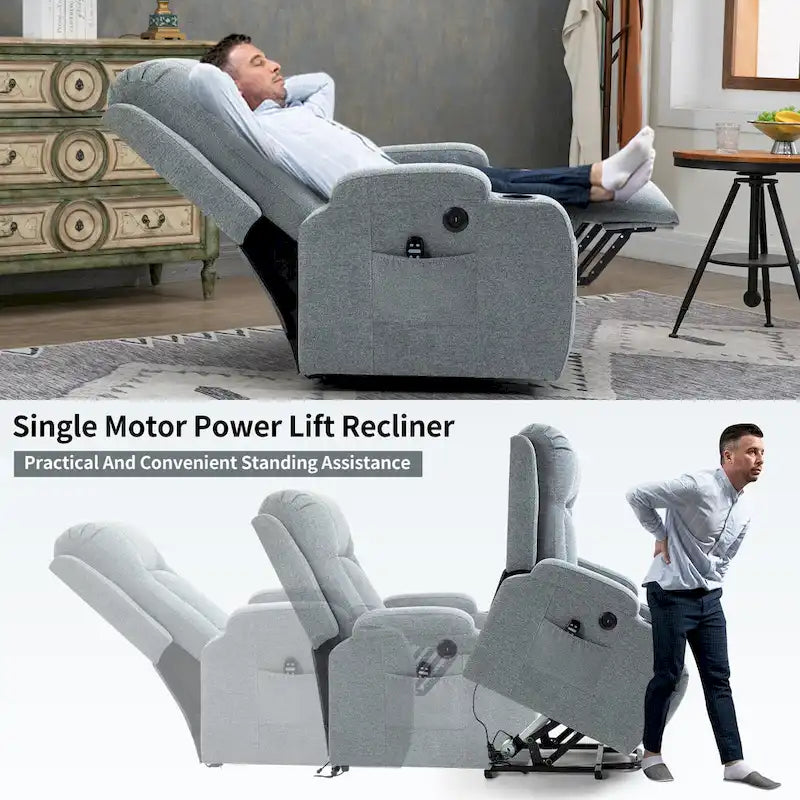 Poltrona reclinabile Power Lift, poltrona massaggiante moderna a motore singolo con riscaldamento lombare, porta di ricarica USB, portabicchieri