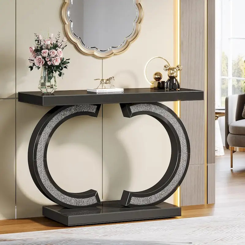 Console da Tavolo Argentata, Tavolino d'Ingresso con Specchio da 99 cm per Ingresso