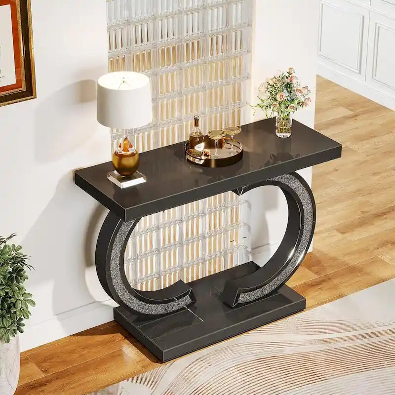 Console da Tavolo Argentata, Tavolino d'Ingresso con Specchio da 99 cm per Ingresso