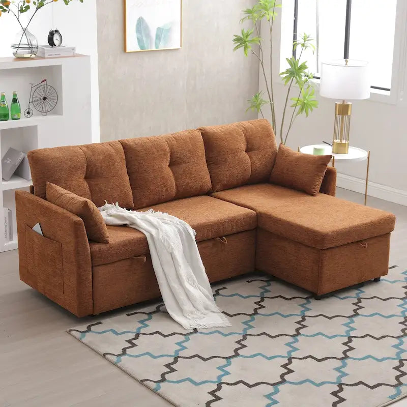 Divano Sezionale a L con Chaise Reversibile, Rivestimento in Velluto a Coste/Ciniglia, con Bracciolo Portaoggetti e Tasca Laterale