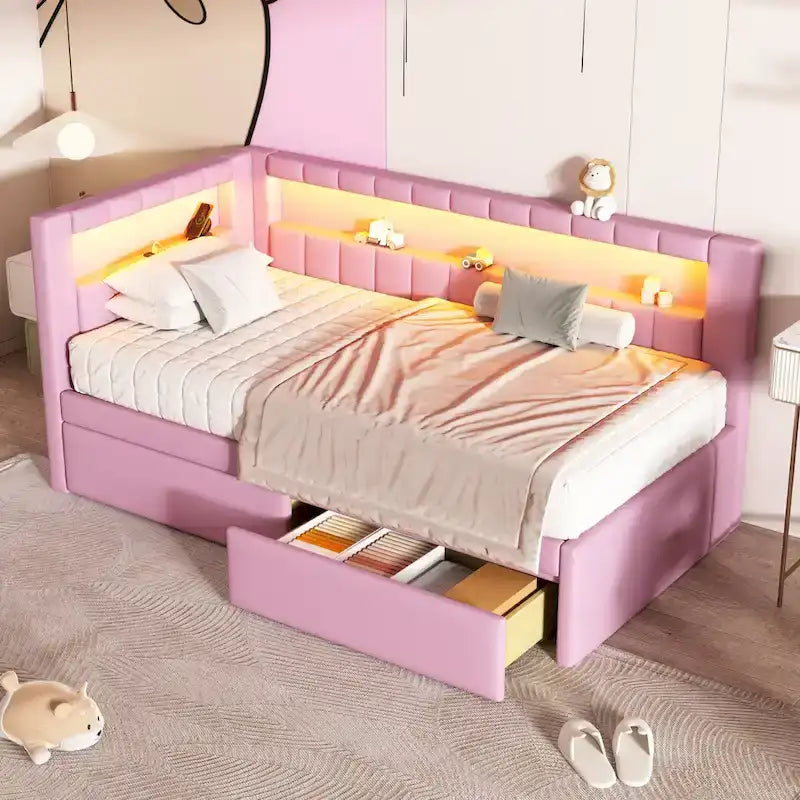 Letto imbottito a piattaforma con porte USB e illuminazione a LED - Struttura letto matrimoniale/singola con 2 cassetti portaoggetti - Camera da letto moderna