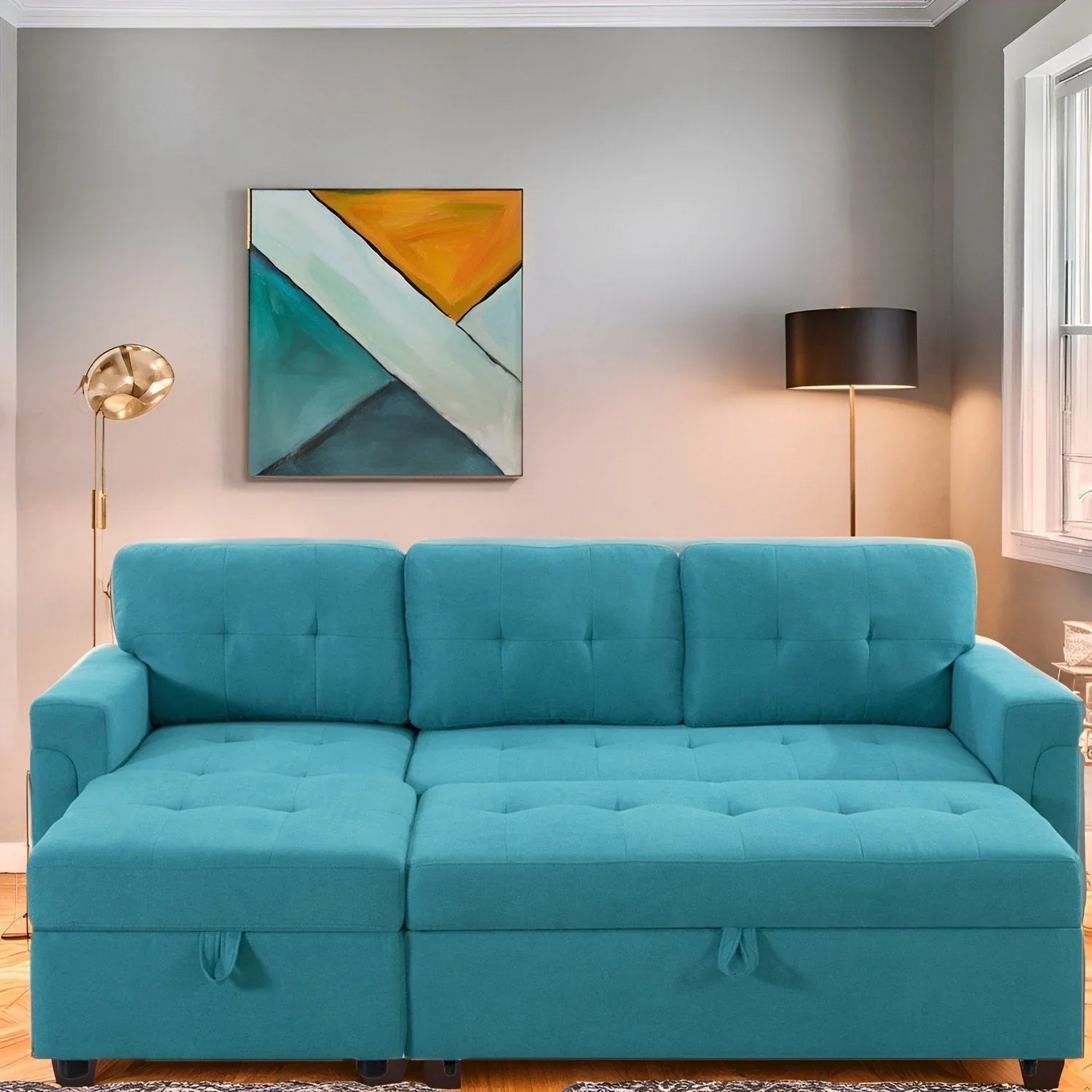 Divano componibile convertibile reversibile con letto estraibile, chaise longue con contenitore nascosto e gambe durevoli