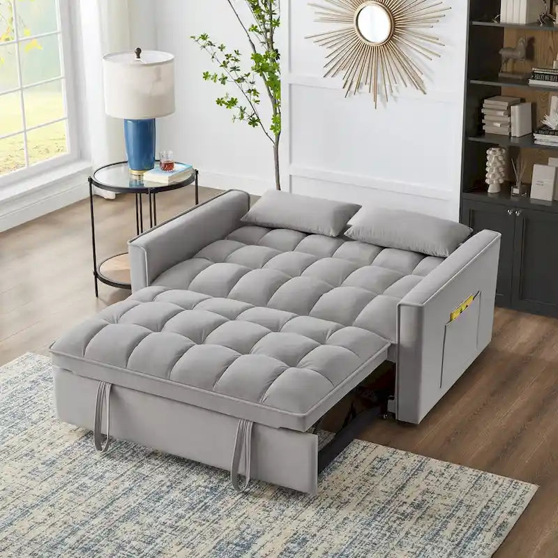 Divano letto a due posti 4 in 1 con braccioli e tasche portaoggetti, divano letto estraibile multifunzionale trapuntato con schienale regolabile