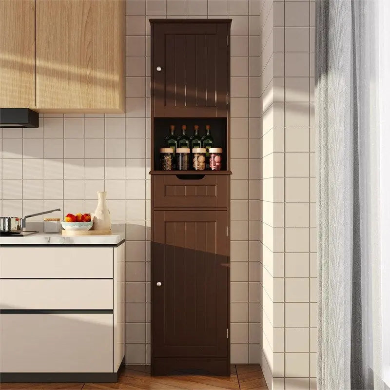 Mobile bagno alto 67 H, Armadietto portabiancheria stretto, Mobiletto contenitore con 2 ante e cassetto