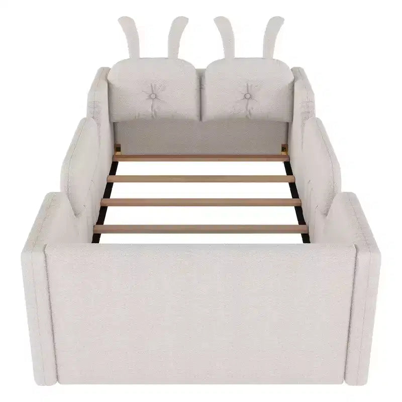 Whisen Twin - Letto a piattaforma, Letto imbottito da pavimento per bambini con cuscino a coniglio, Sponde laterali rimovibili