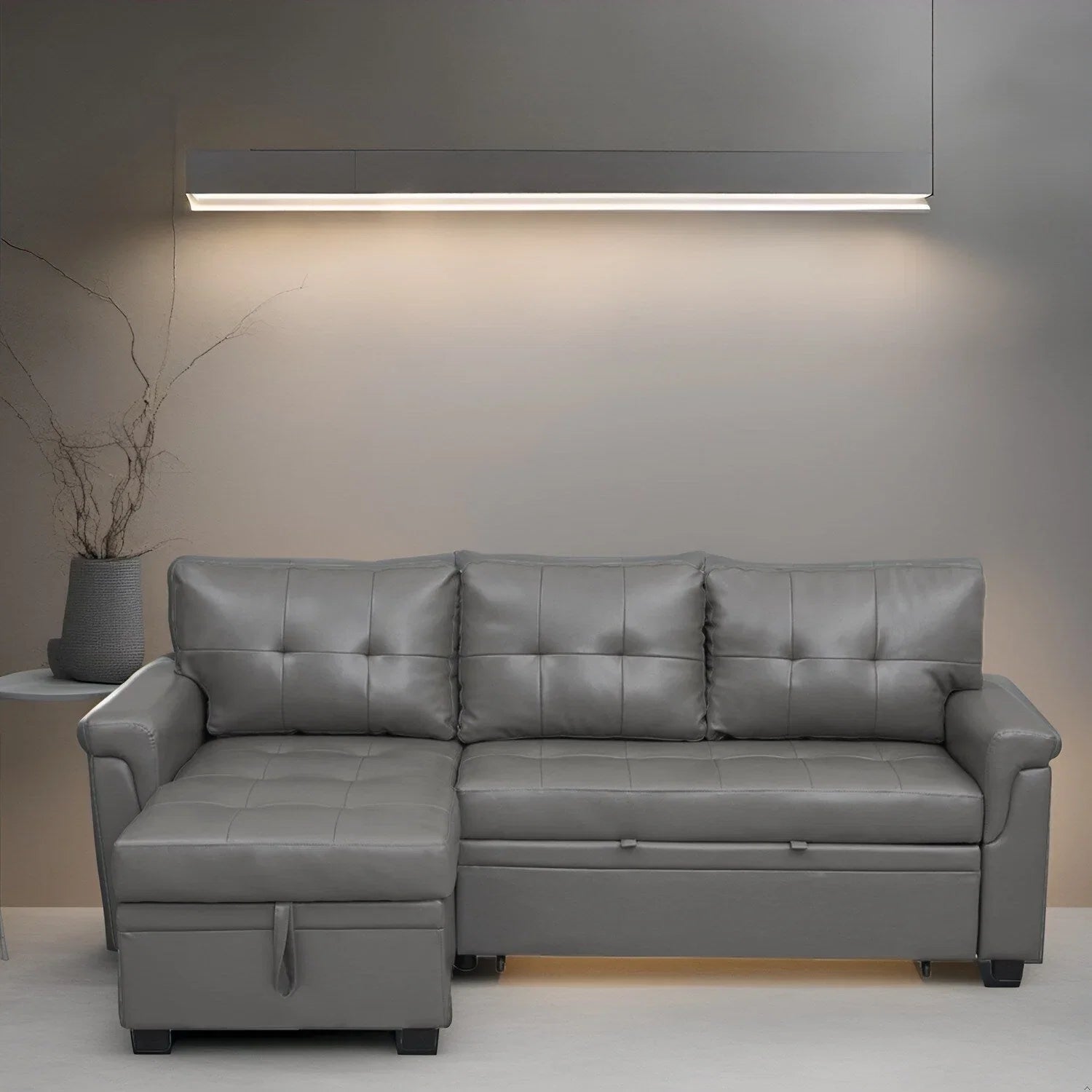 Divano sezionale reversibile con letto estraibile, chaise longue con contenitore nascosto, gambe durevoli,