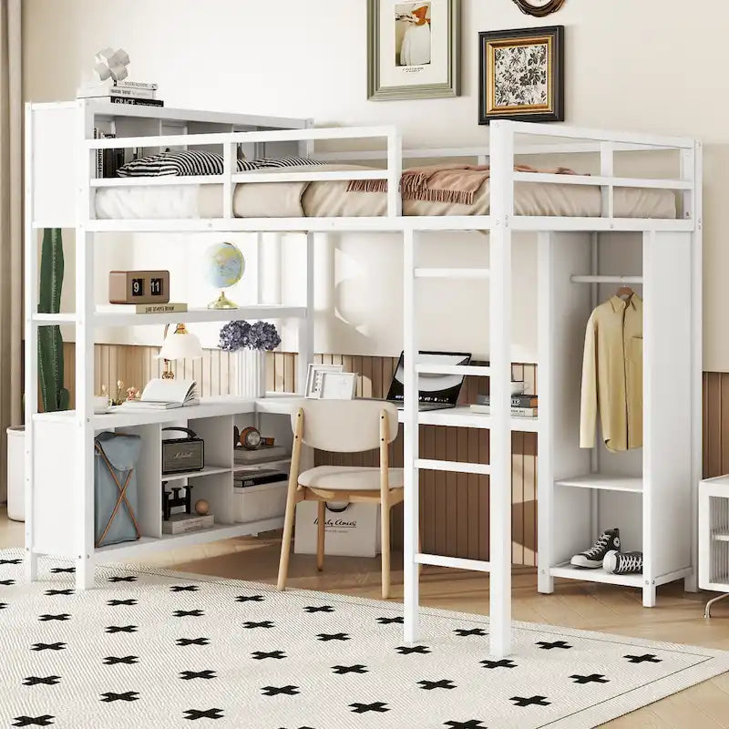 Letto a soppalco in metallo Off-White con scrivania e armadio - Matrimoniale