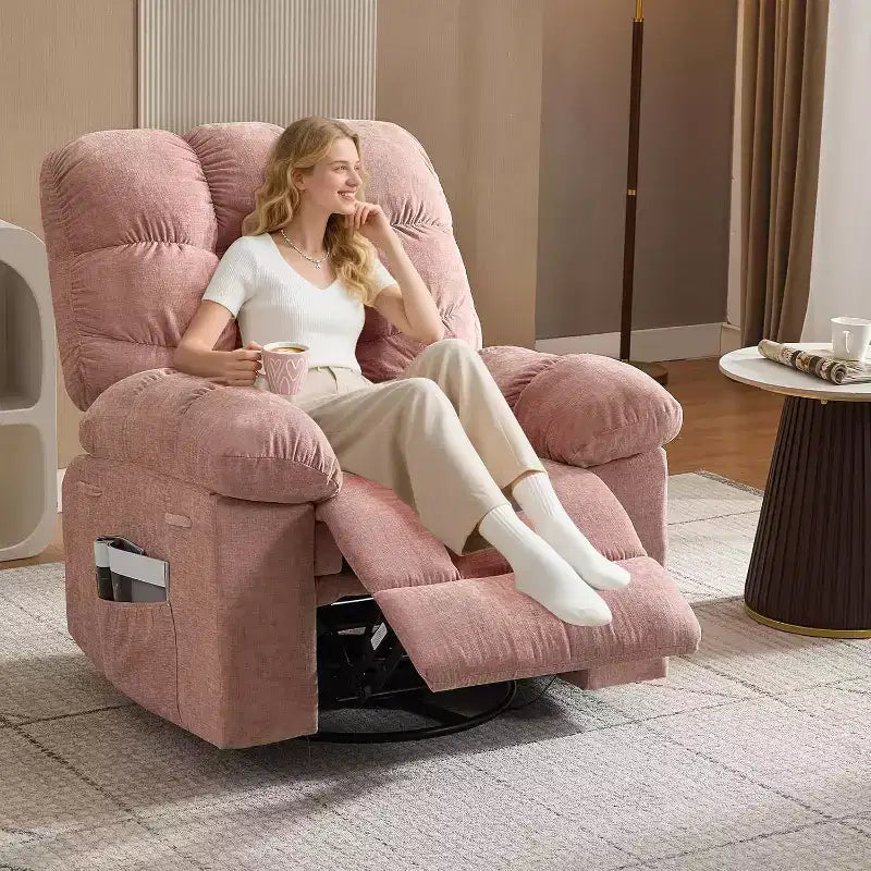 Poltrona Reclinabile Massaggiante con Calore - Girevole a 360°, Dondolo, Divano Singolo Oversize con Vibrazione, USB e Tasche Contenitore per Soggiorno/Camera da Letto