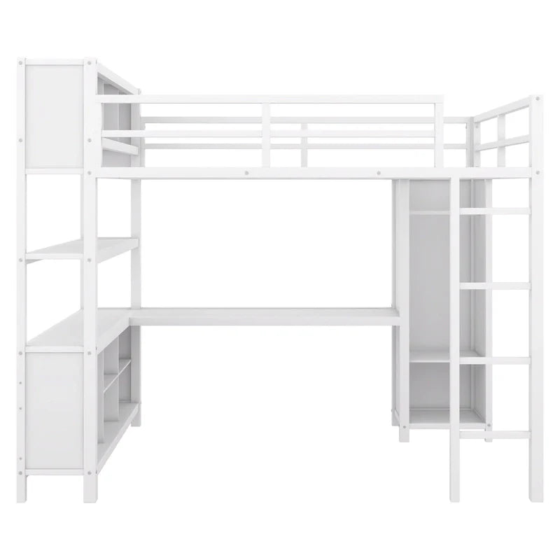 Letto a soppalco in metallo Off-White con scrivania e armadio - Matrimoniale