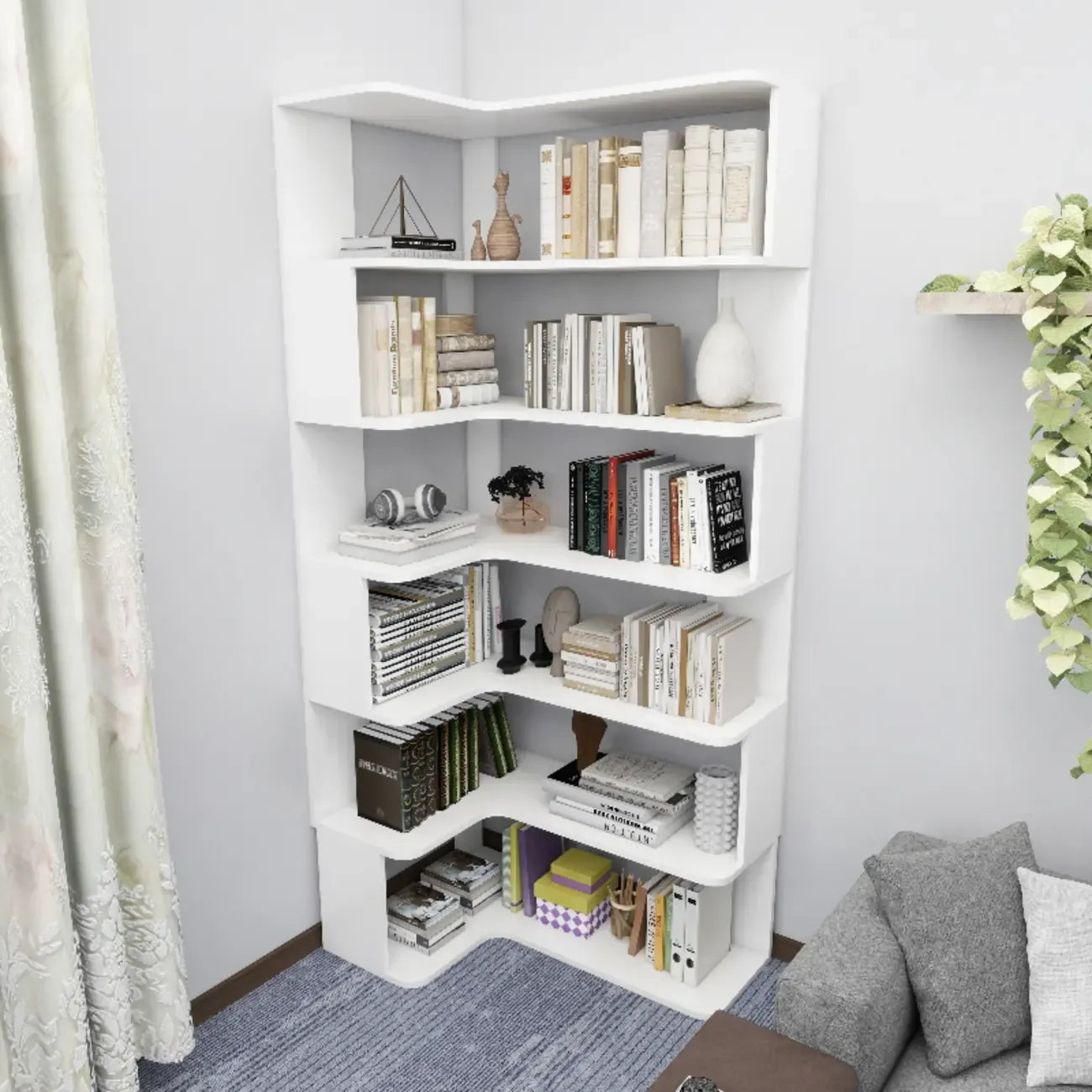 Libreria ad angolo in legno multistrato con 6 ripiani